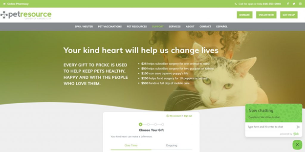 Screenshot of petresource website donation page