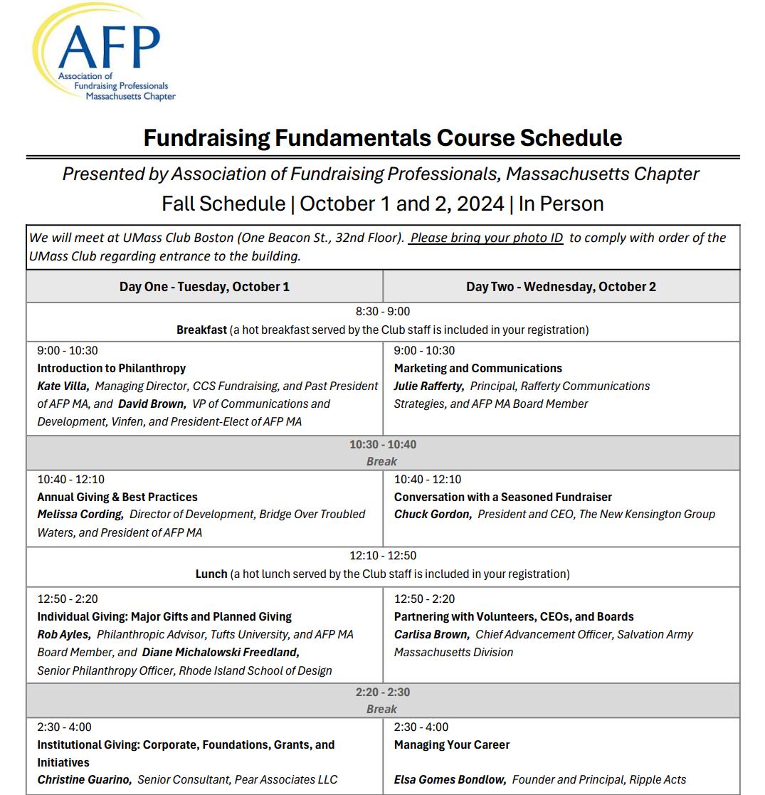 AFP Massachusetts Fall Fundamentals Schedule