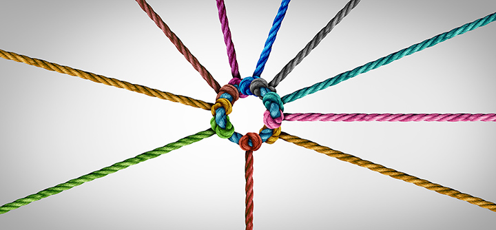 concept of team and unity. multiple colored ropes interwined