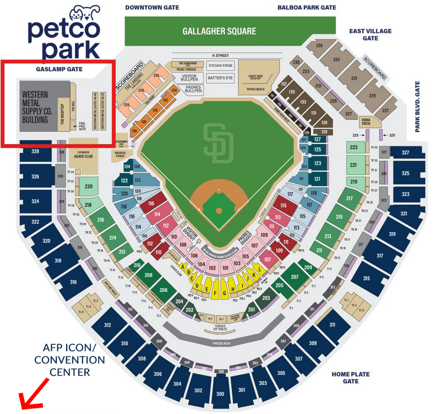 a map of Petco Park in San Diego - the chapter party will be at the Western Metal Supply suite