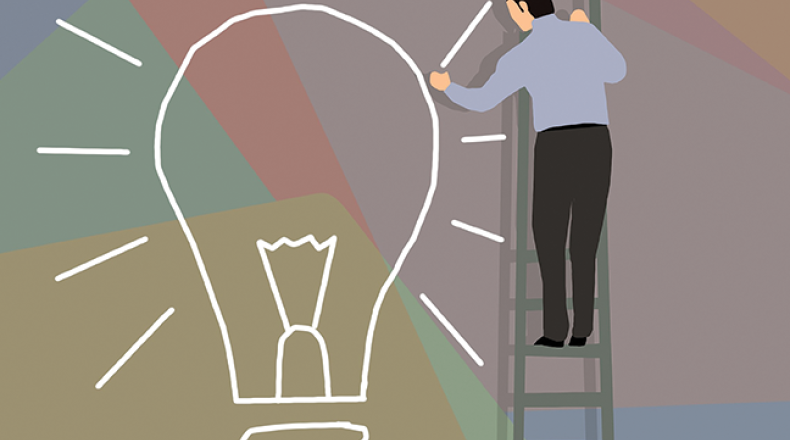 illustration of a man on a ladder drawing a picture of a light bulb