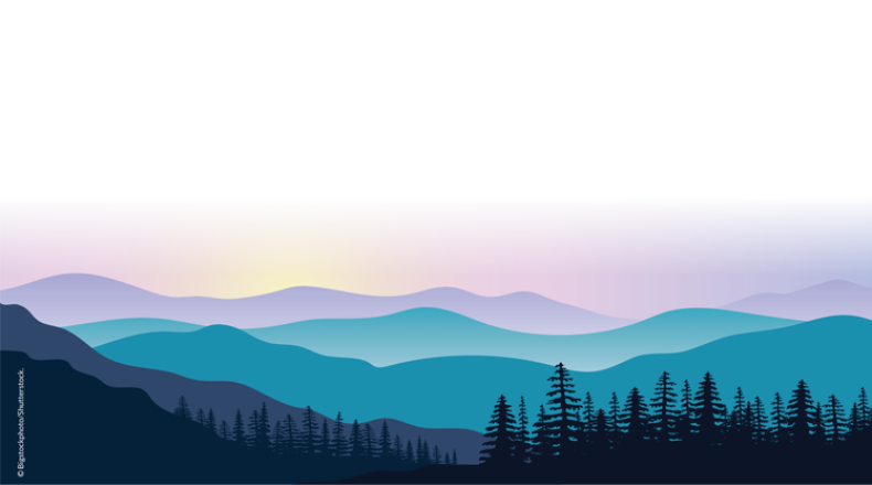 illustration of mountains and trees with sun setting behind them