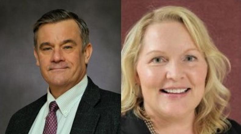 headshot of man in suit jacket and tie and close up of smiling woman in jacket and blouse