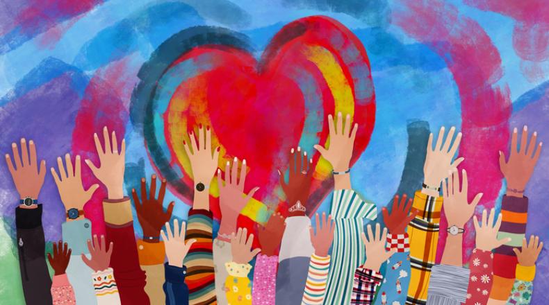 Group of diverse people with arms and hands raised towards a hand painted heart. Charity donation and volunteer work. Support and assistance. Multicultural and multiethnic community.