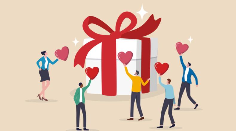 cartoon people hold heart shape up towards large gift box with red ribbon