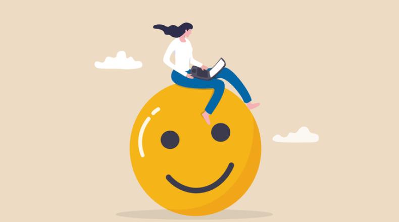 happy businesswoman working with computer on smiling face
