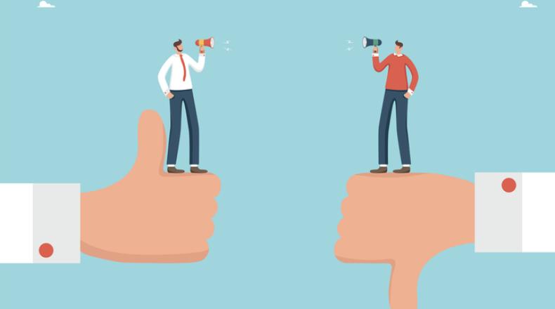 Men arguing on big hands showing like and dislike stock illustration