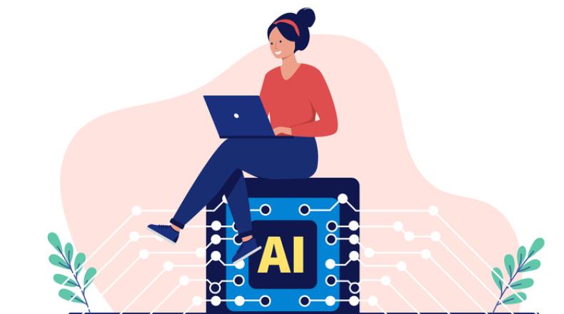 Woman using ai or artifial intelligence on laptop computer stock illustration