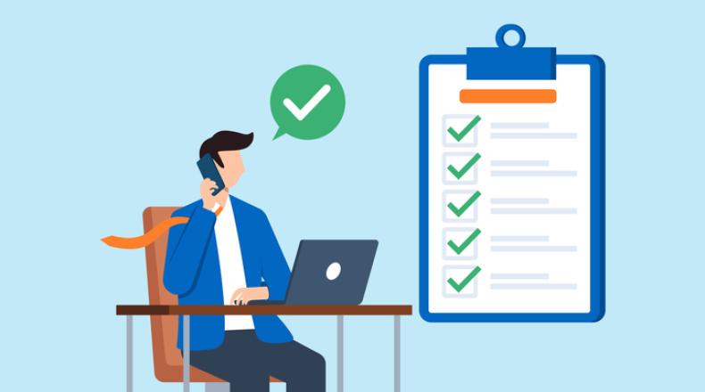 Flat illustration of business consultant solving issues on phone call with checklist and laptop
