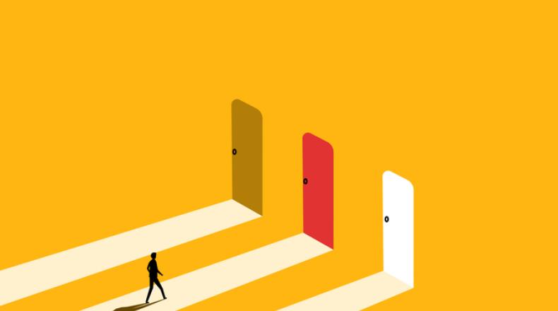 Having a goal, inspiration, choosing success. Businessman chooses the red door stock illustration