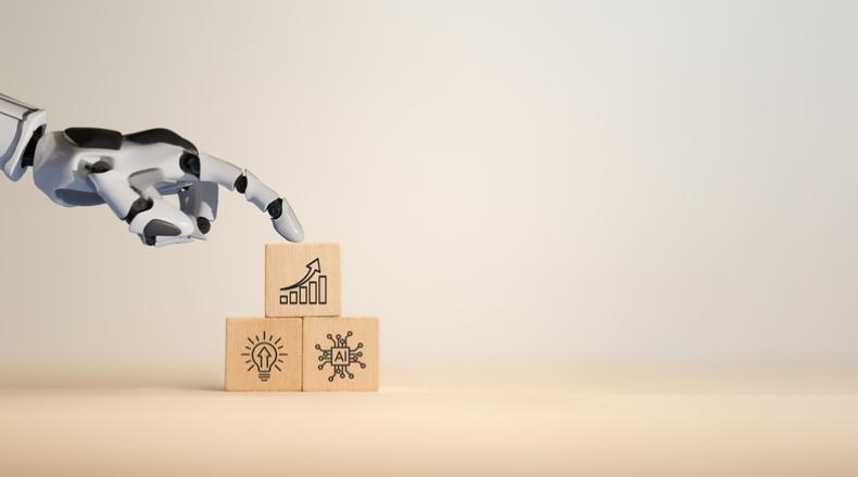 Future growth with AI Powered innovation, business growth concept. AI adoption for business. Robot hand and wooden blocks with growth, innovation and AI investment, productivity icons. stock photo