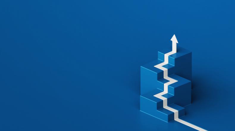White arrow flows on cube stair shape against blue backdrop, business way concept