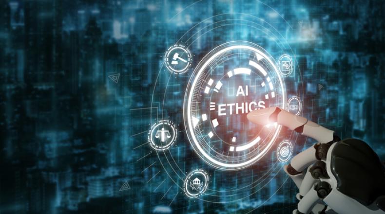  Words AI Ethics appear in digital background with robotic finger touching words