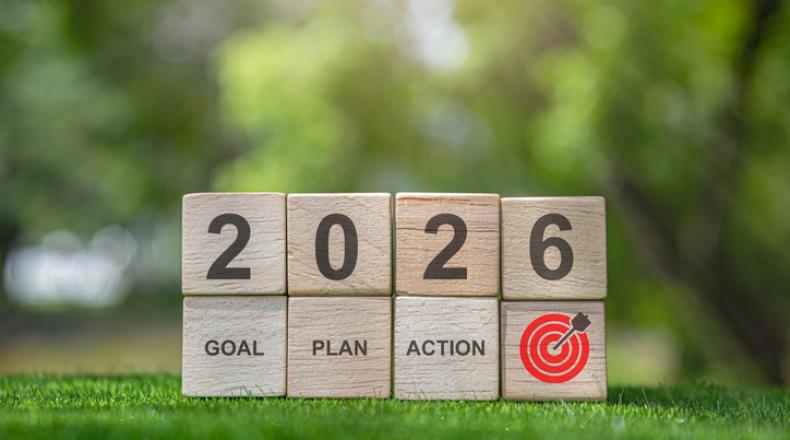 Wooden blocks displaying 2026 goal plan action and target symbol.