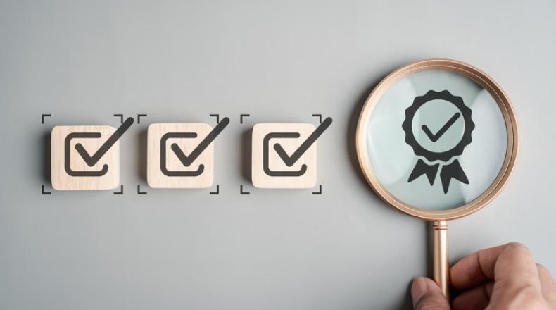 Checklist and assurance concept with approval mark, quality certification and compliance verification