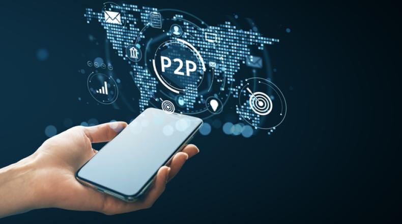Person holding smartphone with digital P2P financial technology interface on global map background
