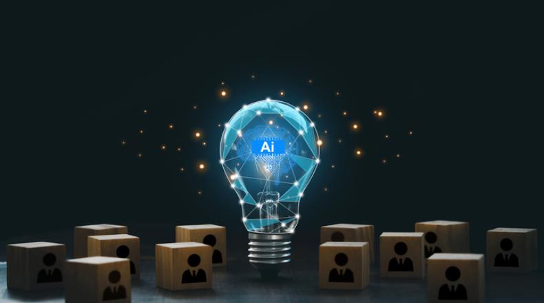 AI adoption and working. AI with a digital brain in a lightbulb with human icons in wooden blocks