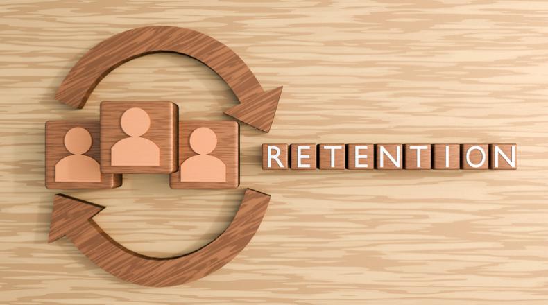 3D rendering of RETENTION on cube tiles, person icons and circular arrows. stock photo
