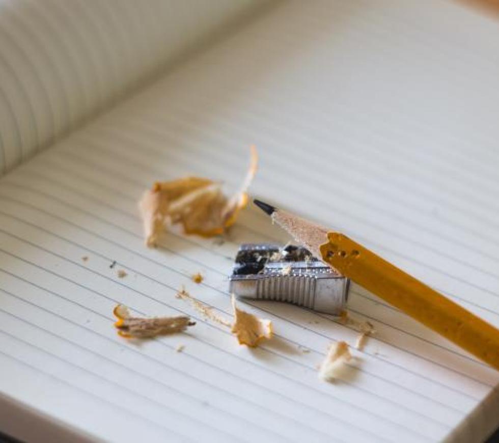 A pencil and its shavings on a notepad.       