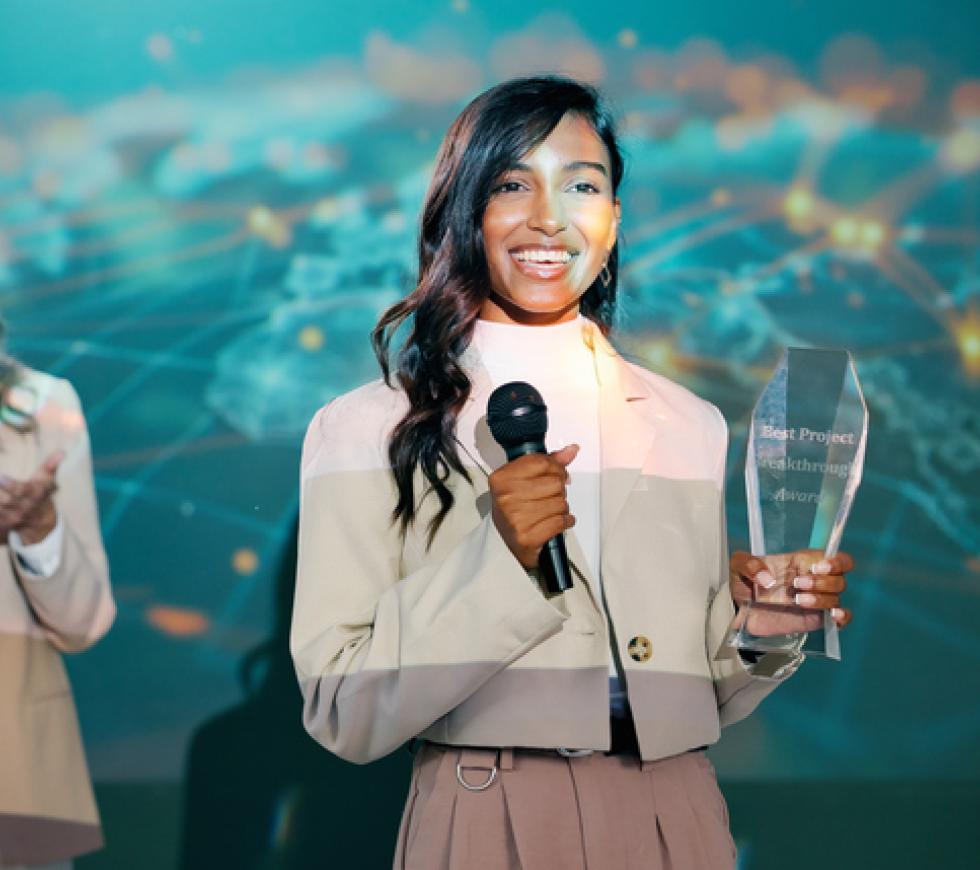 Business woman, winning and trophy for presentation with achievement