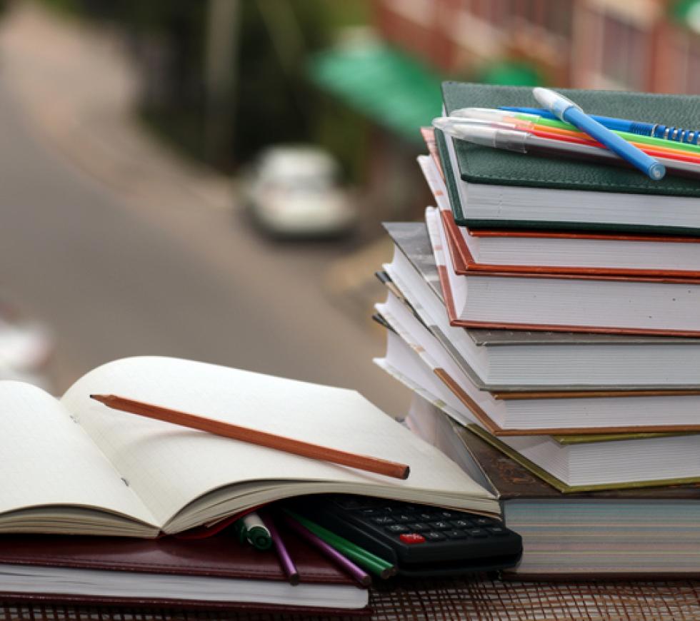Pen pencil study textbooks stock photo