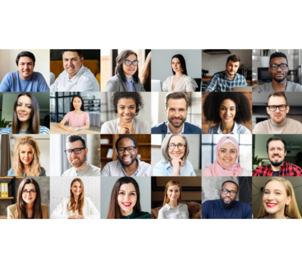 Online conference of diverse employees on the screen stock photo