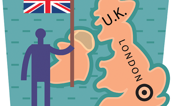 illustration of person holding British flag wtih map of U.K London