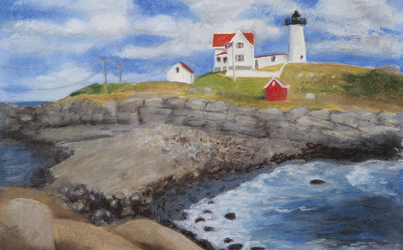 Painting of a lighthouse on a cliff by the ocean