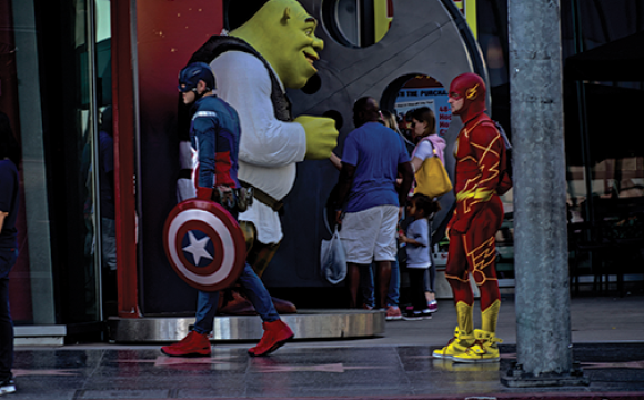 Superheroes on parade on Hollywood Blvd. 