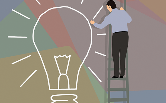 illustration of a man on a ladder drawing a picture of a light bulb