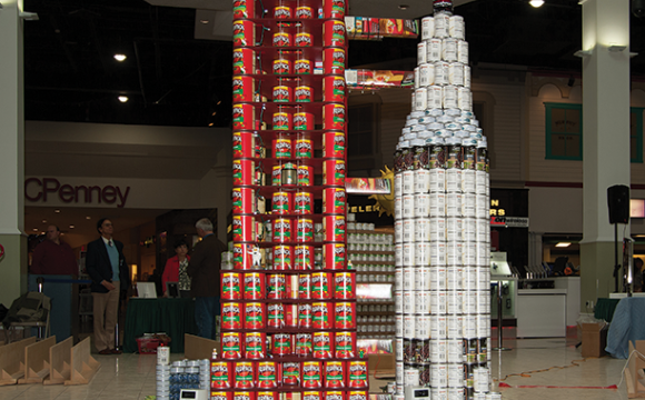A sculpture from the Canstruction project made out of donated food to raise awareness of veteran hunger for Feed Our Vets.