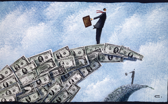 illustration of a man standing on a wave of money