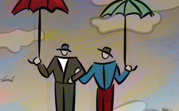 illustration of two people with arms linked holding umbrellas