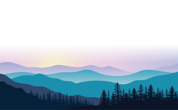 illustration of mountains and trees with sun setting behind them