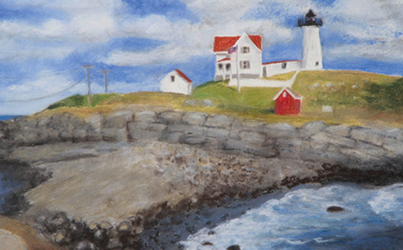 Painting of a lighthouse on a cliff by the ocean