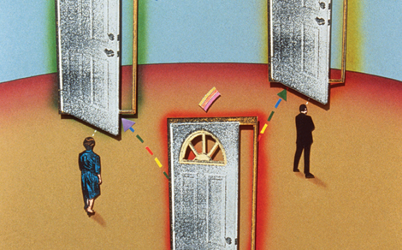 Illustration of people deciding on what door to go through
