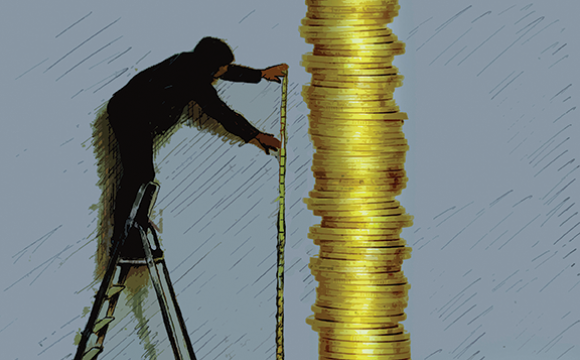 person standing on a ladder measuring a stack of coins