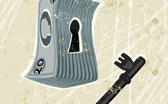 illustration of a lock made of money with a key next to it