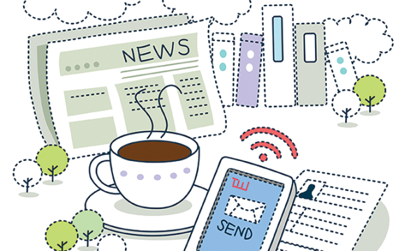 illustration of coffee, newspaper and a mobile phone