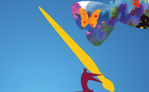 illustration of a person carrying a large paint brush wiht a butterfly on a blue background