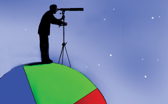 illustration of a man looking through a telescope standing on a pie chart