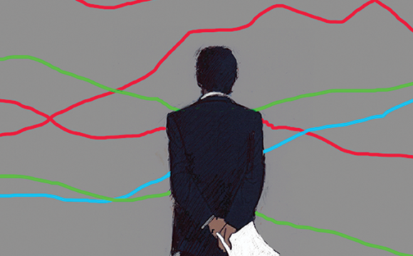 illustration of a man holding papers staring at red, green and blue lines on a gray background