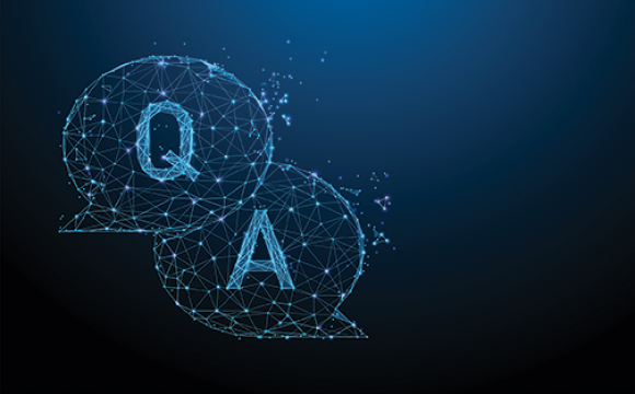 the letters q and a in word bubbles on a blue background