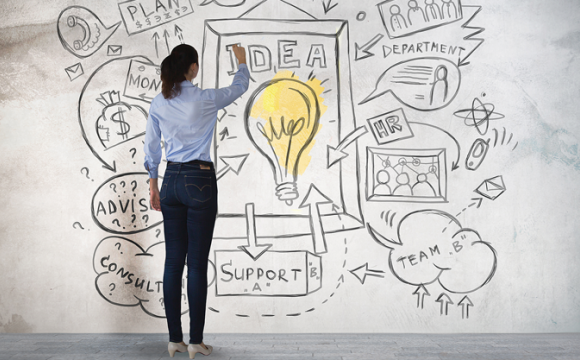 woman drawing an image on a wall with a lightbulb and the words idea, plan, team, support