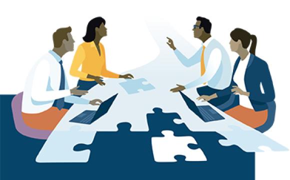 Illustration of people meeting with puzzle pieces