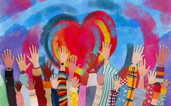 Group of diverse people with arms and hands raised towards a hand painted heart. Charity donation and volunteer work. Support and assistance. Multicultural and multiethnic community.