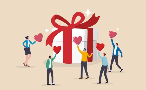 cartoon people hold heart shape up towards large gift box with red ribbon