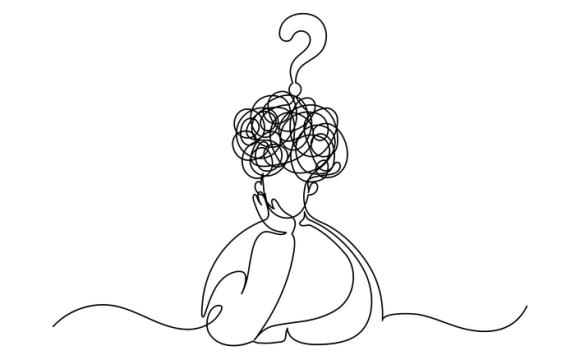 Line drawing of person with scrambled mind and question mark; uncertainty