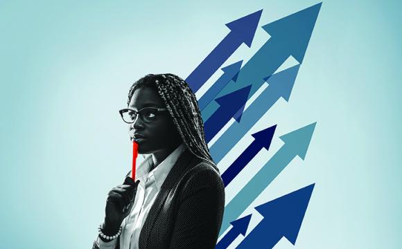 black woman thinking with a pen resting on her face, arrows behind her on a blue background