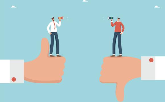 Men arguing on big hands showing like and dislike stock illustration
